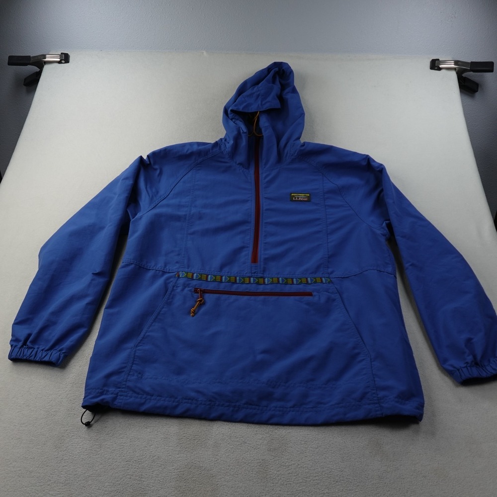 L.L.Bean Mountain Classic Anorak Mens L Blue Hooded Packable Pullover Hiking
